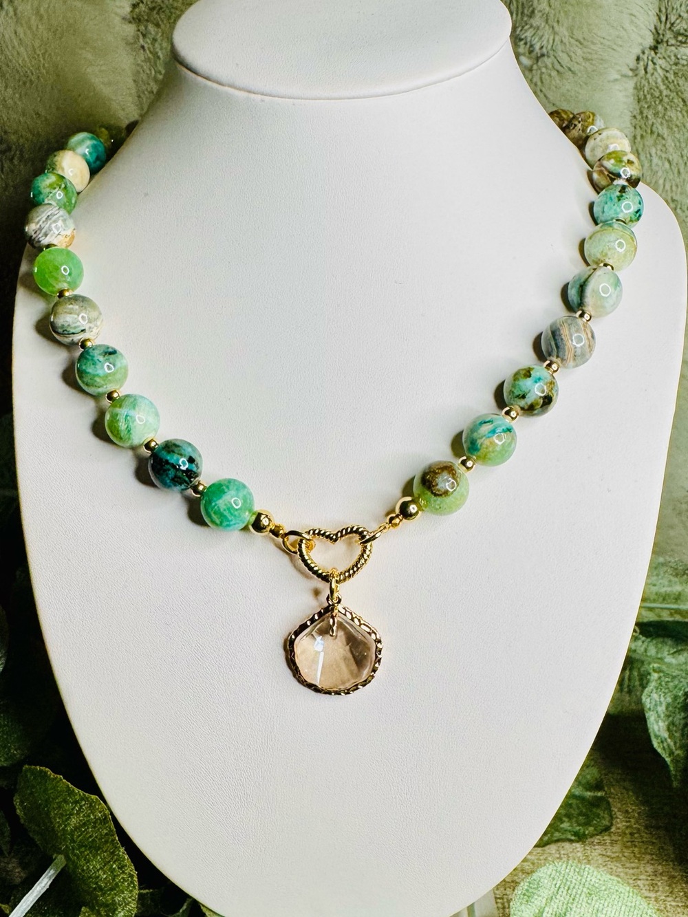 Green Agate Bead Necklace with Gold Heart Toggle and Pendant